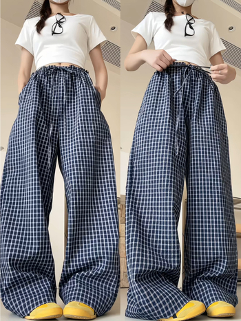 Naiste puuvillased ruudulised laia lõikega püksid volaaniäärmega, kõrge vöökoht, laia lõikega