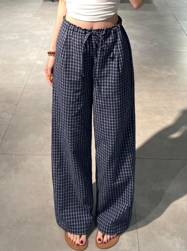 Naiste puuvillased ruudulised laia lõikega püksid volaaniäärmega, kõrge vöökoht, laia lõikega