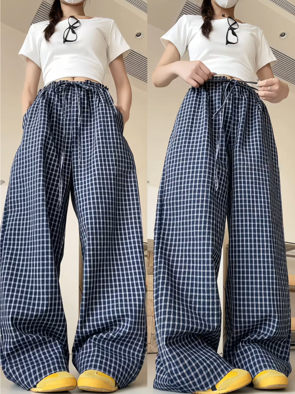 Naiste puuvillased ruudulised laia lõikega püksid volaaniäärmega, kõrge vöökoht, laia lõikega