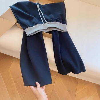 Ženske casual široke hlače, visok struk, duge, poliester, patchwork detalj