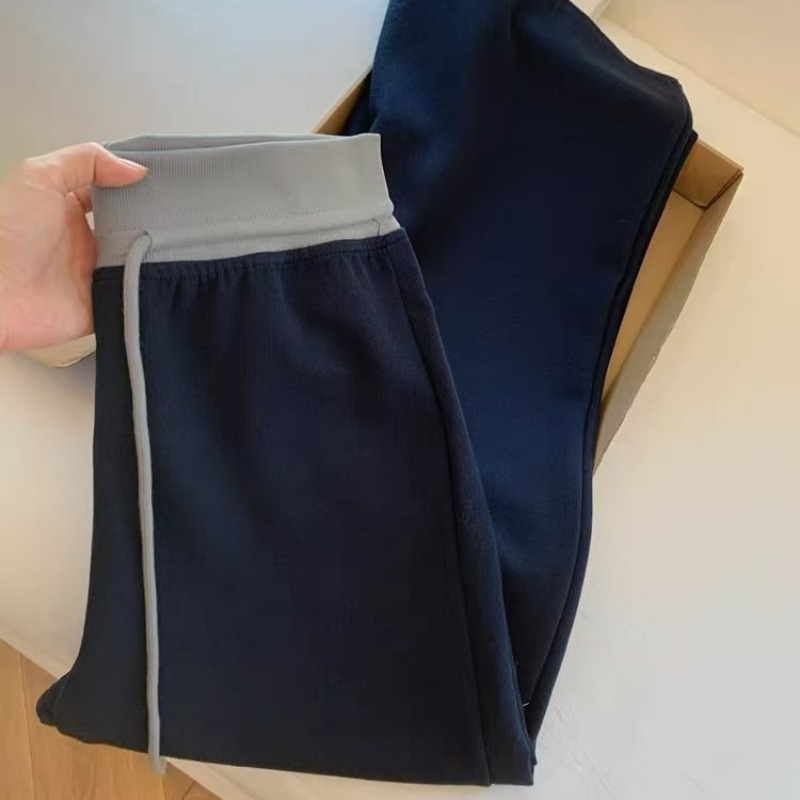 Ženske casual široke hlače, visok struk, duge, poliester, patchwork detalj