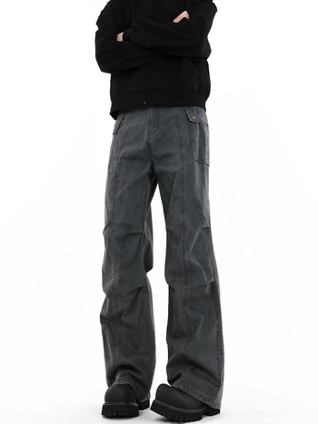 Puuvillased denimpüksid plisseeritud, sirge lõige, keskmine vöökoht, tõmblukk