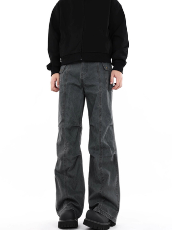 Puuvillased denimpüksid plisseeritud, sirge lõige, keskmine vöökoht, tõmblukk