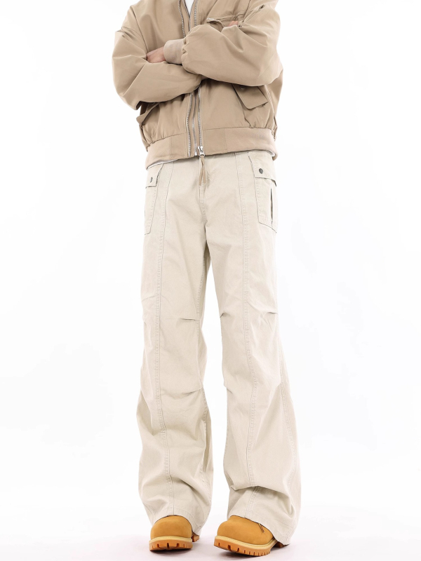 Puuvillased denimpüksid plisseeritud, sirge lõige, keskmine vöökoht, tõmblukk