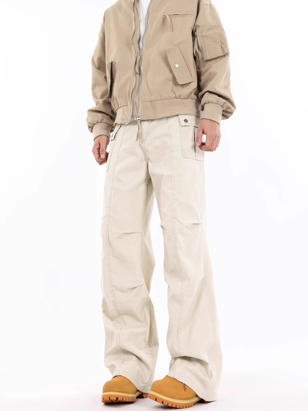 Puuvillased denimpüksid plisseeritud, sirge lõige, keskmine vöökoht, tõmblukk