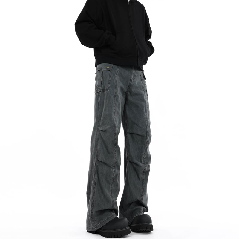 Puuvillased denimpüksid plisseeritud, sirge lõige, keskmine vöökoht, tõmblukk