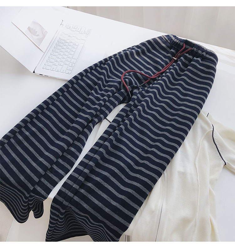 Pantaloni casual cu dungi, talie înaltă, croi lejer, lungi până la podea, din bumbac-elastan, micro-elasticitate