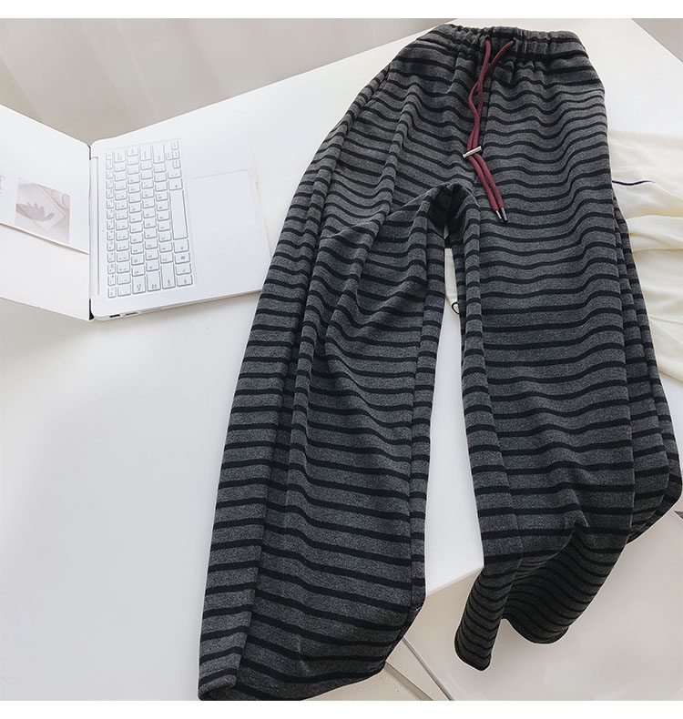 Pantaloni casual cu dungi, talie înaltă, croi lejer, lungi până la podea, din bumbac-elastan, micro-elasticitate
