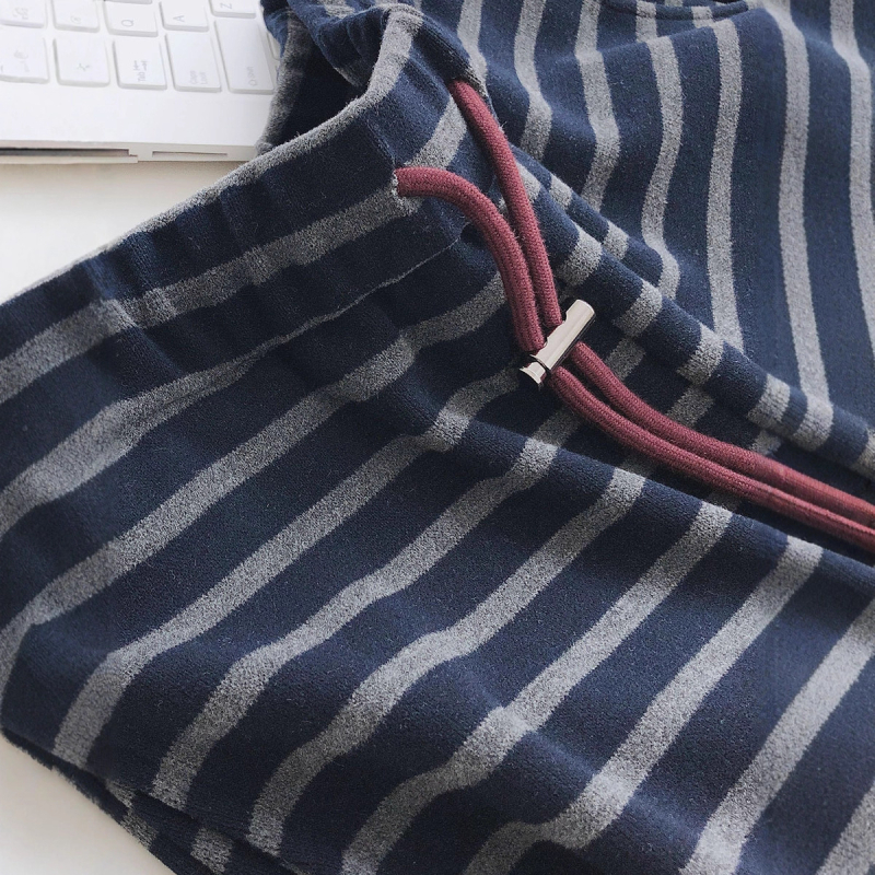 Pantaloni casual cu dungi, talie înaltă, croi lejer, lungi până la podea, din bumbac-elastan, micro-elasticitate