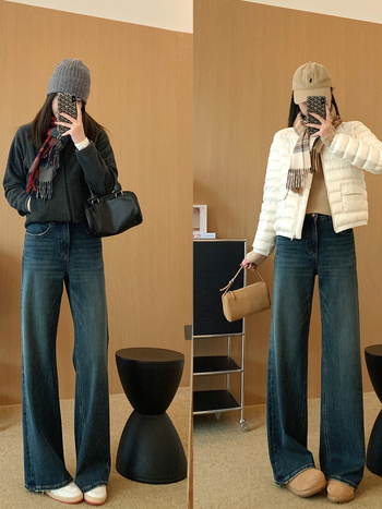 Sieviešu džinsi ar platām kājām, augsts viduklis, mikroelastība, kokvilnas maisījums, enzīma mazgāšana