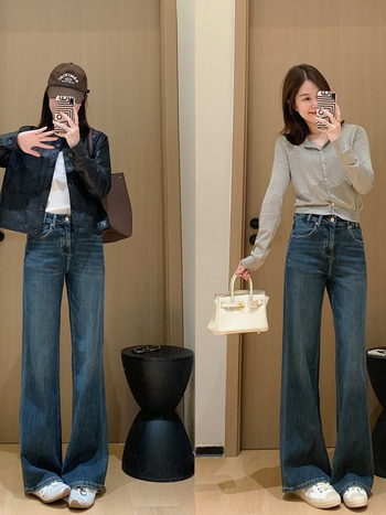 Sieviešu džinsi ar platām kājām, augsts viduklis, mikroelastība, kokvilnas maisījums, enzīma mazgāšana