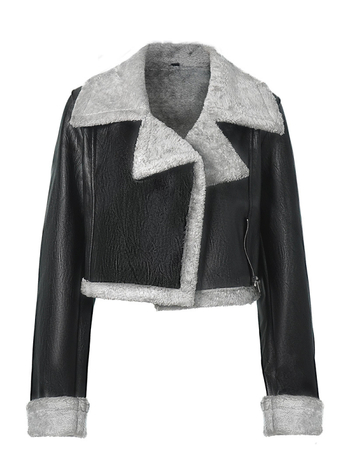 Moterų dirbtinės odos švarkas, trumpas kirpimas, V formos kaklo iškirptė, dirbtinės kailio apykaklė, laisvas siluetas.