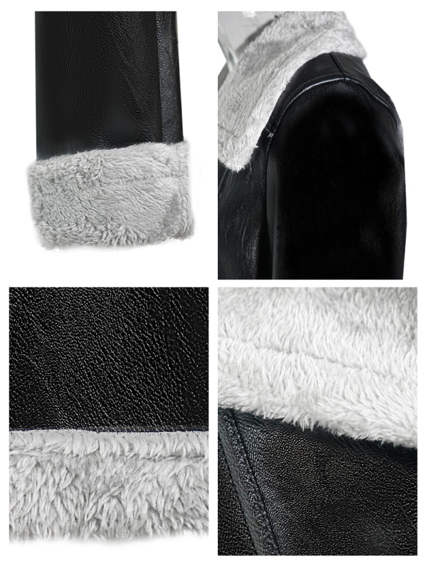 Moterų dirbtinės odos švarkas, trumpas kirpimas, V formos kaklo iškirptė, dirbtinės kailio apykaklė, laisvas siluetas.