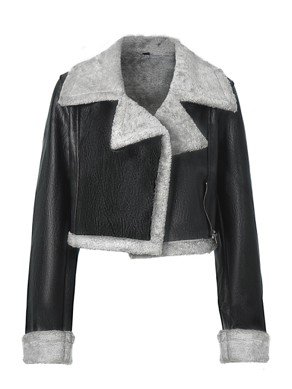 Moterų dirbtinės odos švarkas, trumpas kirpimas, V formos kaklo iškirptė, dirbtinės kailio apykaklė, laisvas siluetas.