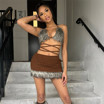 Xiyun pūkiančių panelių halterio komplektas – poliesteris 70–80%, Bust-Wrap viršus + klubiniai trumpa suknelė, gatvės hipster stilius, ruduo 2024, žaidimų vaidmenims