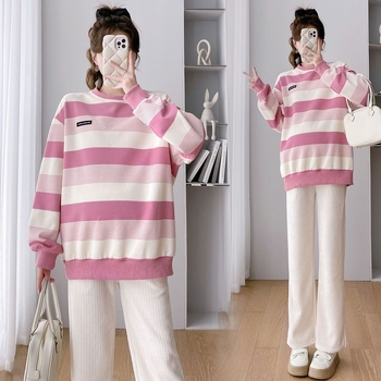 Nėščiųjų rudens komplektas: ilgomis rankovėmis viršūnė iš chenille, Capri ilgio kelnės, Spandex 90–95%, be kaklo, japonų-korejiečių laisvas stilius