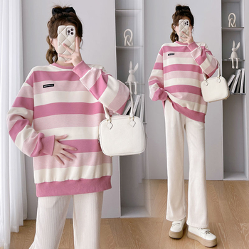 Nėščiųjų rudens komplektas: ilgomis rankovėmis viršūnė iš chenille, Capri ilgio kelnės, Spandex 90–95%, be kaklo, japonų-korejiečių laisvas stilius