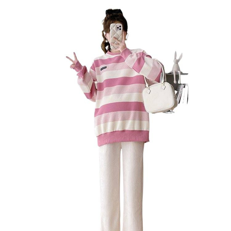 Nėščiųjų rudens komplektas: ilgomis rankovėmis viršūnė iš chenille, Capri ilgio kelnės, Spandex 90–95%, be kaklo, japonų-korejiečių laisvas stilius