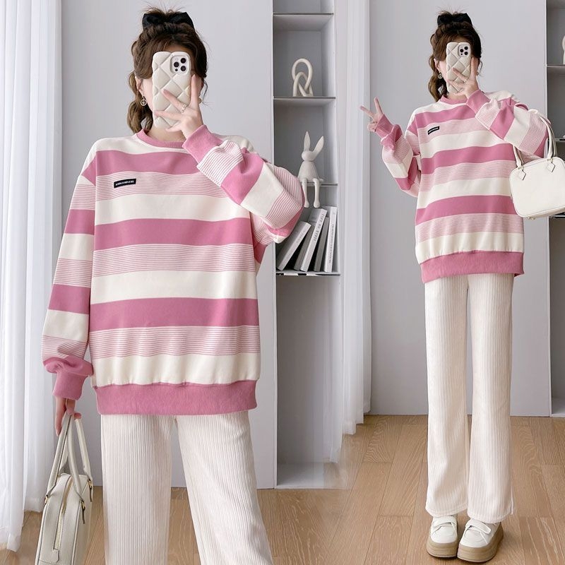 Nėščiųjų rudens komplektas: ilgomis rankovėmis viršūnė iš chenille, Capri ilgio kelnės, Spandex 90–95%, be kaklo, japonų-korejiečių laisvas stilius