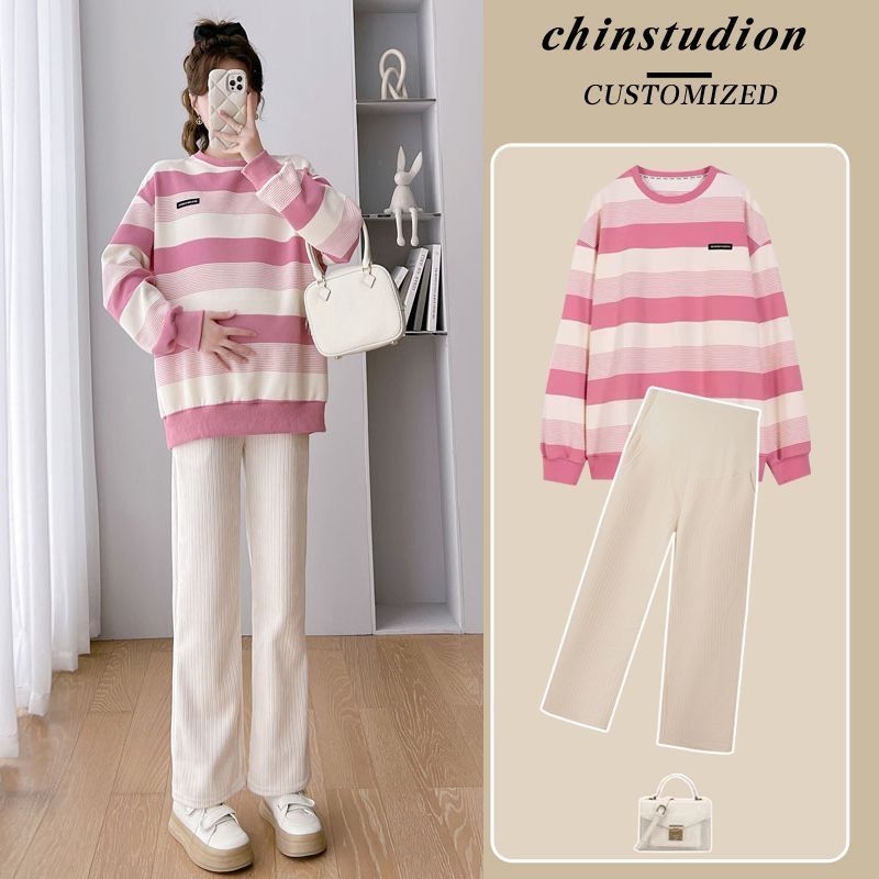 Nėščiųjų rudens komplektas: ilgomis rankovėmis viršūnė iš chenille, Capri ilgio kelnės, Spandex 90–95%, be kaklo, japonų-korejiečių laisvas stilius