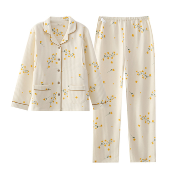 Air Cotton nėščiųjų ir žindymo pižama komplektas su ilgom rankovėm – apykaklė tipo lapel, 95–100% medvilnė, storas audinys 201–250 g/m²