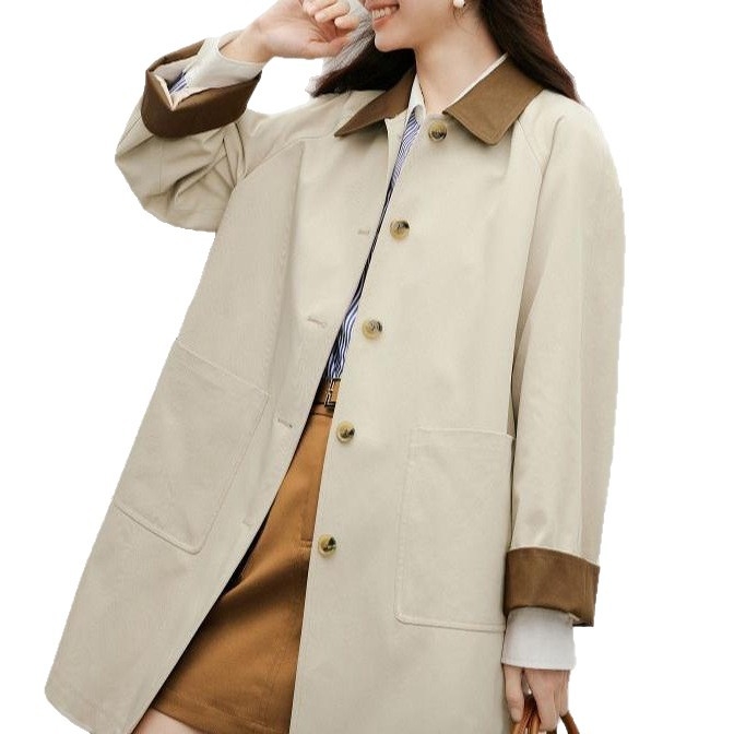 Παλτό trench σε ιαπωνικό στυλ, μινιμαλιστικό με χαλαρή γραμμή, πολυεστερική μίξη 70–80% + 30–50%, λεπτομέρειες κολλάζ, φθινοπωρινό 2025