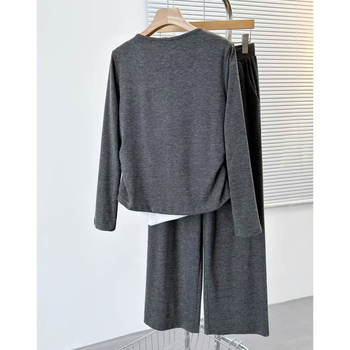 Nėščiųjų kelnių kostiumas su kontrastiniu raštu, ilgos rankovės, poliesteris, 2025 m. pavasaris