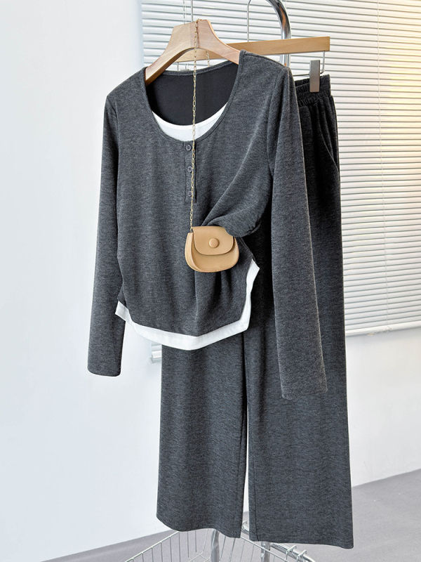 Nėščiųjų kelnių kostiumas su kontrastiniu raštu, ilgos rankovės, poliesteris, 2025 m. pavasaris