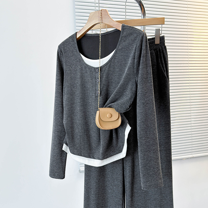 Nėščiųjų kelnių kostiumas su kontrastiniu raštu, ilgos rankovės, poliesteris, 2025 m. pavasaris