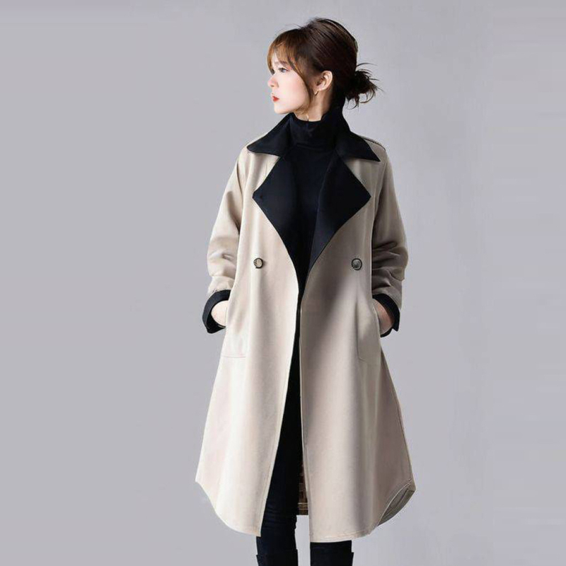 Kabát reverrel, color-block dizájn, hosszú 80–100 cm, laza szabás, dupla gombos zárás