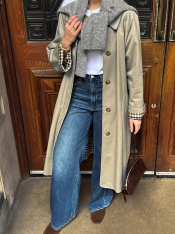 Női hosszú trench kabát tavasz-őszre, laza szabás, midi hossz, polo gallér, poliészter-spandex anyag