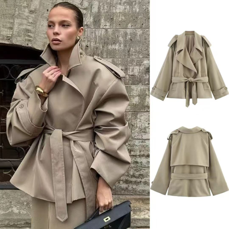 FEASY Sieviešu brīvā fit trench overcoats ar lapel apkakli, vidējā garuma 65–80 cm, poliestera audums