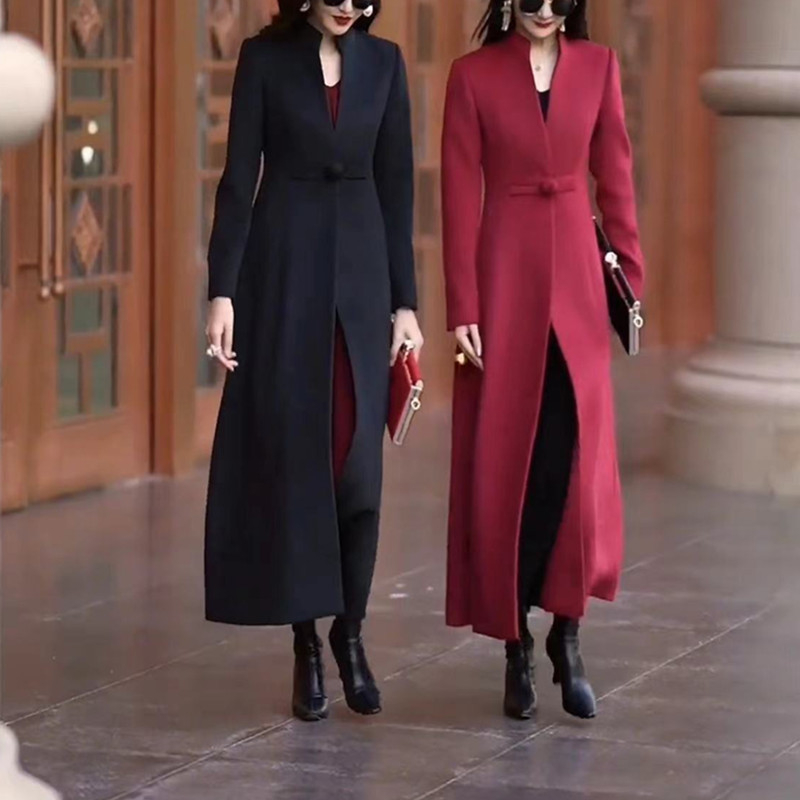 Garš trenčkots sievietēm, šaurs piegriezums, Korejas stils, poliesteris 50–70%, V apkakle, vienas rindas aizdare