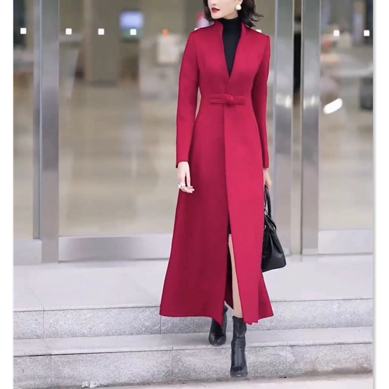 Garš trenčkots sievietēm, šaurs piegriezums, Korejas stils, poliesteris 50–70%, V apkakle, vienas rindas aizdare