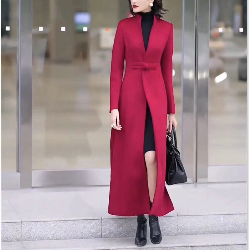 Garš trenčkots sievietēm, šaurs piegriezums, Korejas stils, poliesteris 50–70%, V apkakle, vienas rindas aizdare