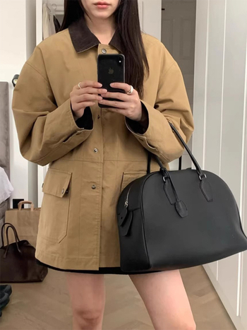 Sieviešu trench coat ar reveri, brīva piegriezuma, garas piedurknes, viengabala aizdare, poliester audums