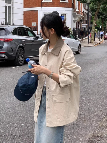 Sieviešu trench coat ar reveri, brīva piegriezuma, garas piedurknes, viengabala aizdare, poliester audums