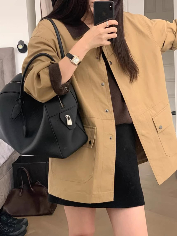 Sieviešu trench coat ar reveri, brīva piegriezuma, garas piedurknes, viengabala aizdare, poliester audums