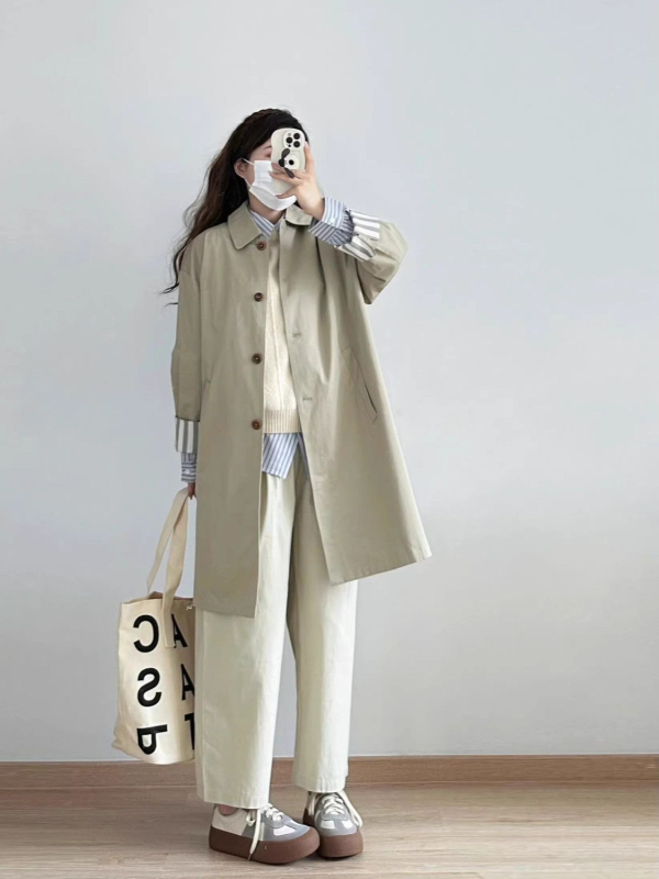 Chenille auduma vējjaka ar kvadrātveida apkakli, korejiešu stilā, vidēja garuma