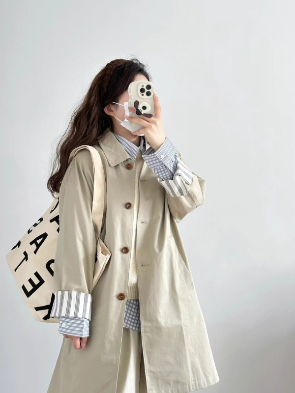 Chenille auduma vējjaka ar kvadrātveida apkakli, korejiešu stilā, vidēja garuma