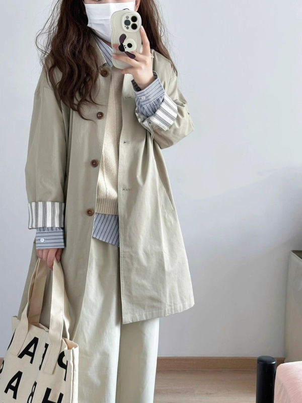 Chenille auduma vējjaka ar kvadrātveida apkakli, korejiešu stilā, vidēja garuma