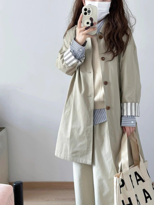 Chenille auduma vējjaka ar kvadrātveida apkakli, korejiešu stilā, vidēja garuma