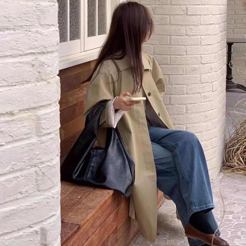 Chenille auduma vējjaka ar kvadrātveida apkakli, korejiešu stilā, vidēja garuma