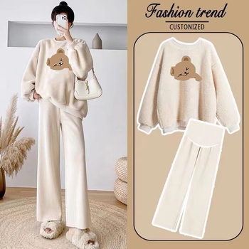 Nėščiųjų kelnių kostiumas su fliso pamušalu, laisvas kirpimas, 3/4 rankovės, 3/4 kelnės