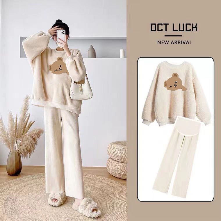 Nėščiųjų kelnių kostiumas su fliso pamušalu, laisvas kirpimas, 3/4 rankovės, 3/4 kelnės