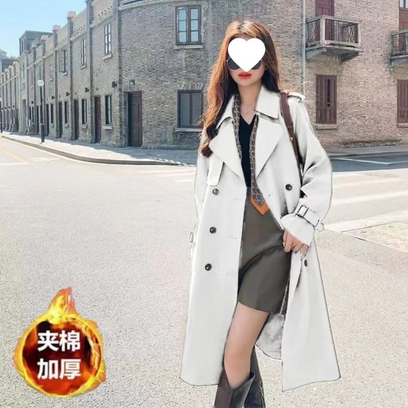 Moteriškas prancūziško stiliaus trench coat, A linijos siluetas, vidutinio ilgio, medvilnės‑poliesterio mišinys, vidutinio storio, skrybėlės tipo apykaklė, be rankovių, kišenės ir sagos