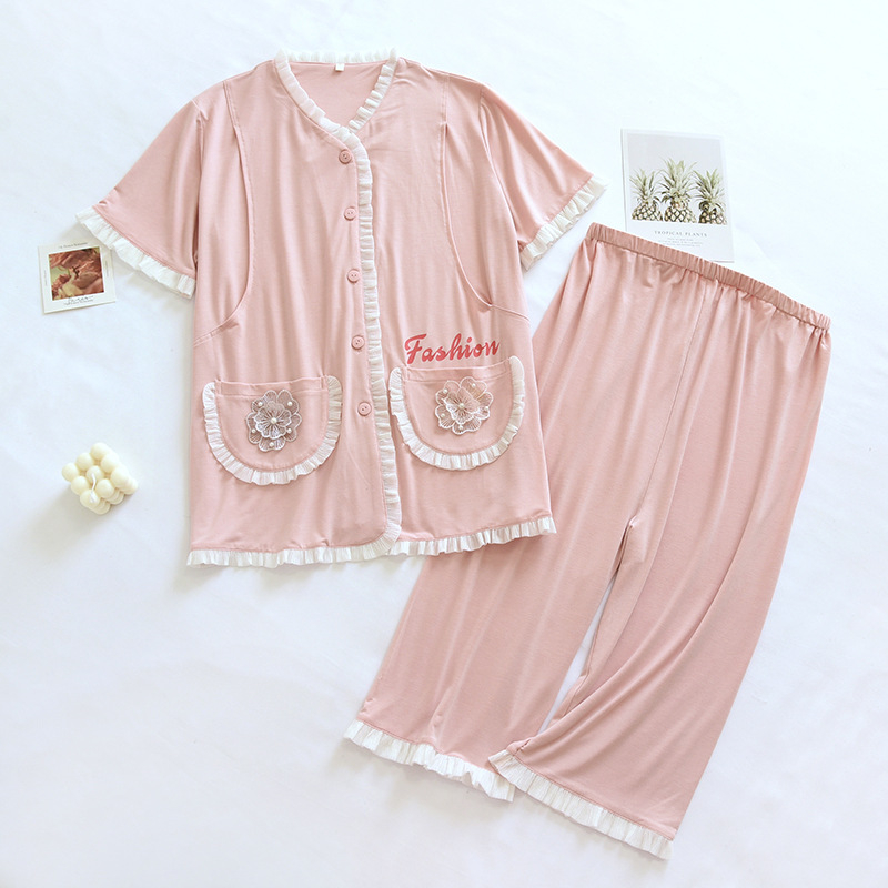 Nėštumo ir žindymo pižAMOS komplektas, su 3/4 rankovėmis, kapri kelnes, modal audinys, žindymo anga, spaudinys