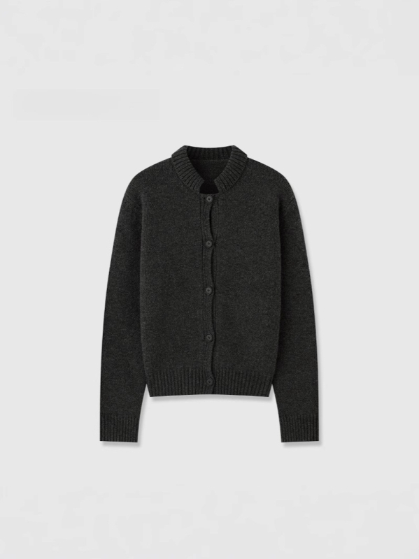 Vuneni kardigan sa stojećim ovratnikom, debeo pleteni, dugi rukavi, obična dužina