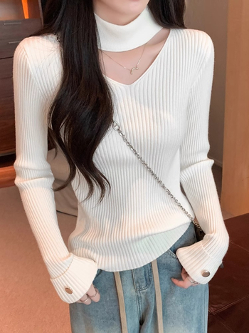 Naiste V-kaelusega kudumispusero, pikad varrukad, kitsas lõige, viskooskiud (Viskooskiud; V-kaelus; Pikad varrukad; Regulaarne pikkus; Slim)