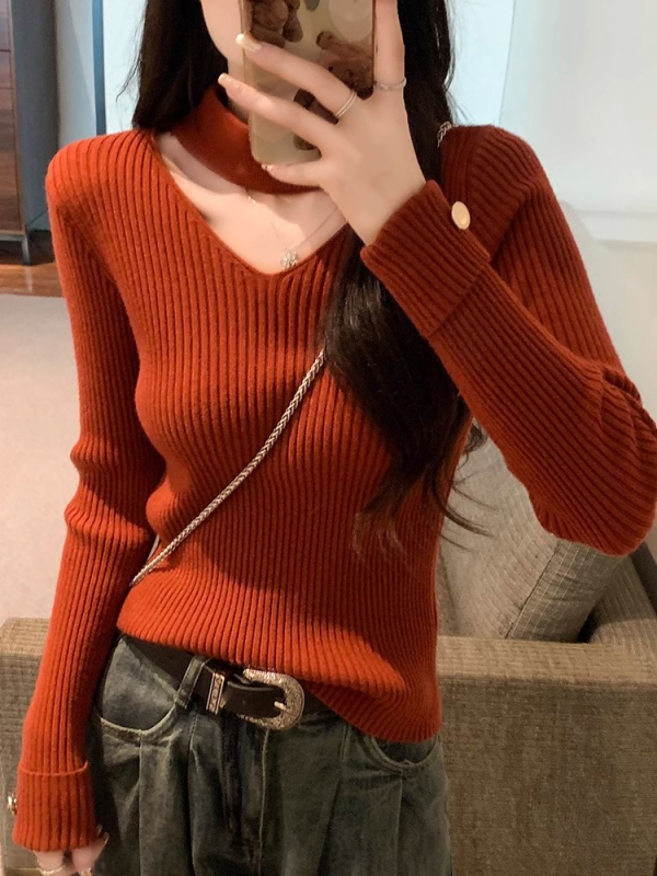 Naiste V-kaelusega kudumispusero, pikad varrukad, kitsas lõige, viskooskiud (Viskooskiud; V-kaelus; Pikad varrukad; Regulaarne pikkus; Slim)